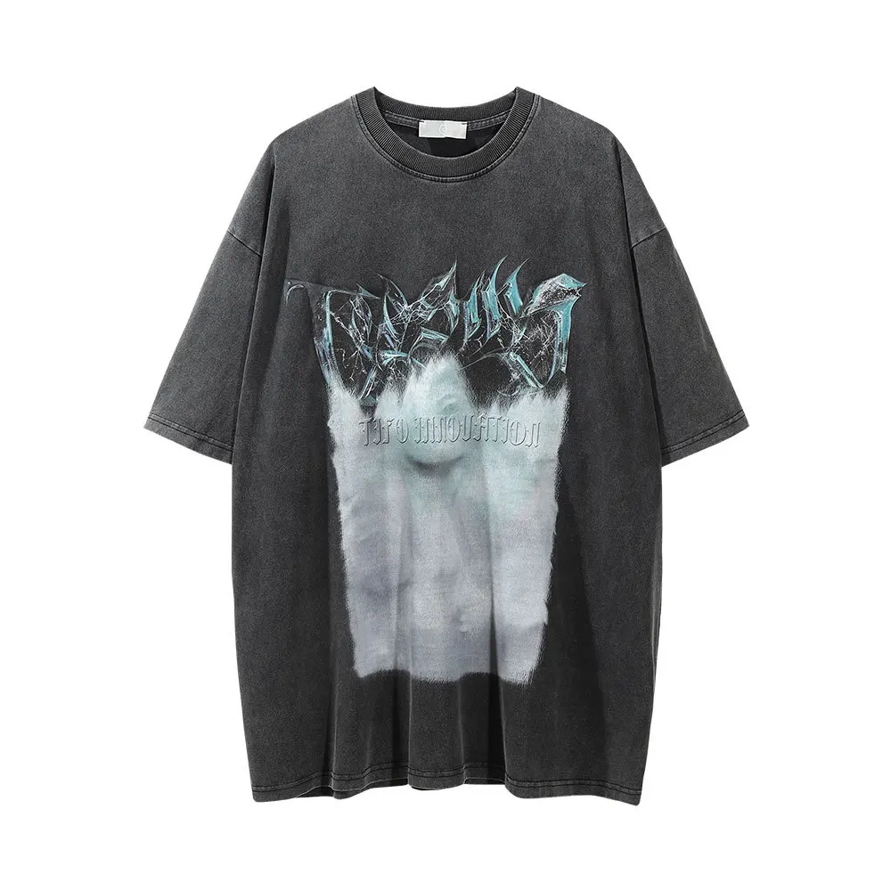 

Summer 2023 Washing And Aging Abstract Printing Round Collar Do Old Black Five Sleeves Men's T Shirt High Street Agitation