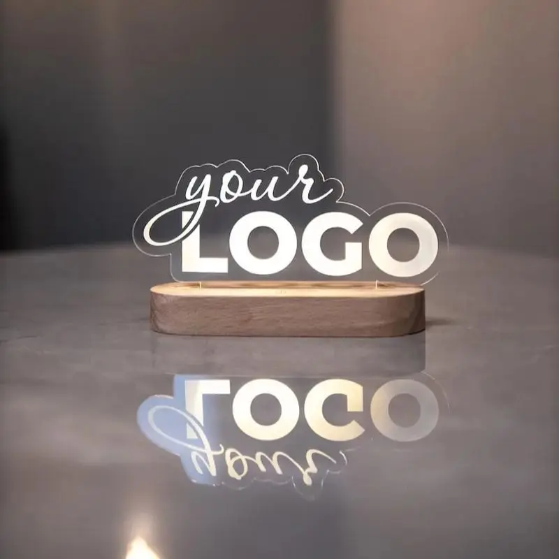Індивідуальний акриловий знак з логотипом бізнесу Персоналізована табличка бренду QR Світлова лампа Корпоративні подарунки Дерев’яна табличка для декору столу в соціальних мережах