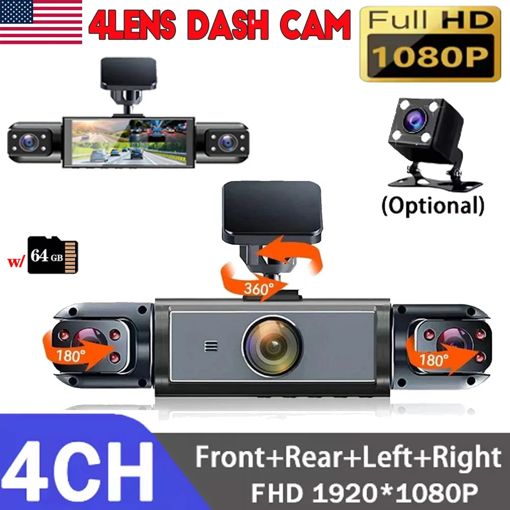 4-Channel 1080P Dash Camera Front Rear Left Right Camera Night Vision Adjustable Lens DVR with 64GB Card for Vehicle Safety