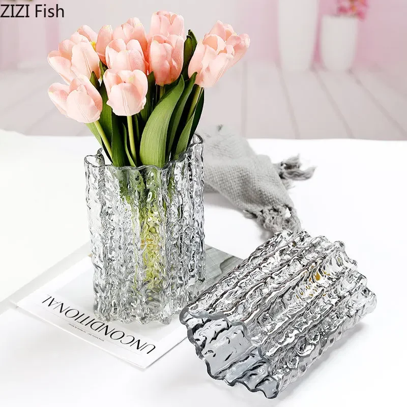 Transparent Glacier Wrinkle Glass Vase Hydroponics Flower Pots Desk Decoration Flowers Arrangement Floral Vase Modern Home Decor 3