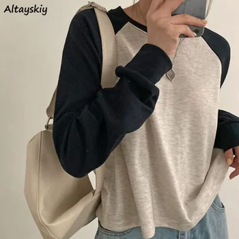 여성용 S-3XL 티셔츠, 긴 소매 패치워크 상의, 스위트 루즈 한국 스타일 레저, 올 매치 학생, 봄 시크