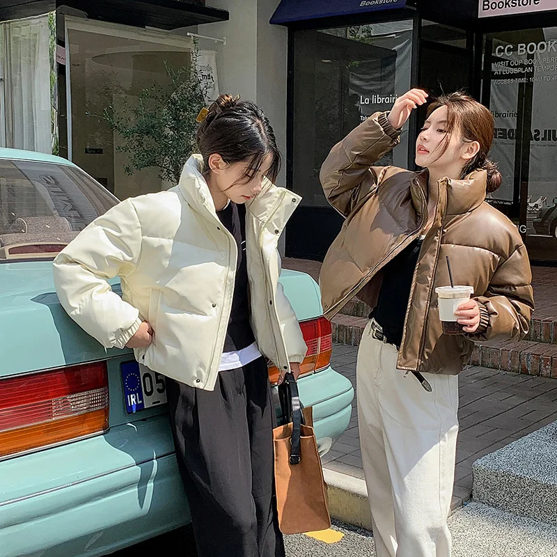 

Short Cotton Jacket Autumn and Winter Cotton-padded Leather Coat Women Stand Collar Short Warm Bread Cotton-padded Jacket