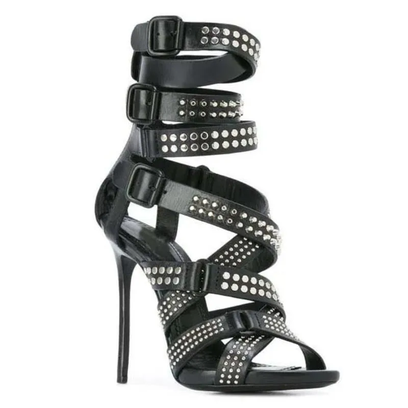 

Summer Ladies Metal Rivets Studs Straps Buckles Gladiator Sandals Thin high Heels Female Party Sexy Sandalias Shoes for Women