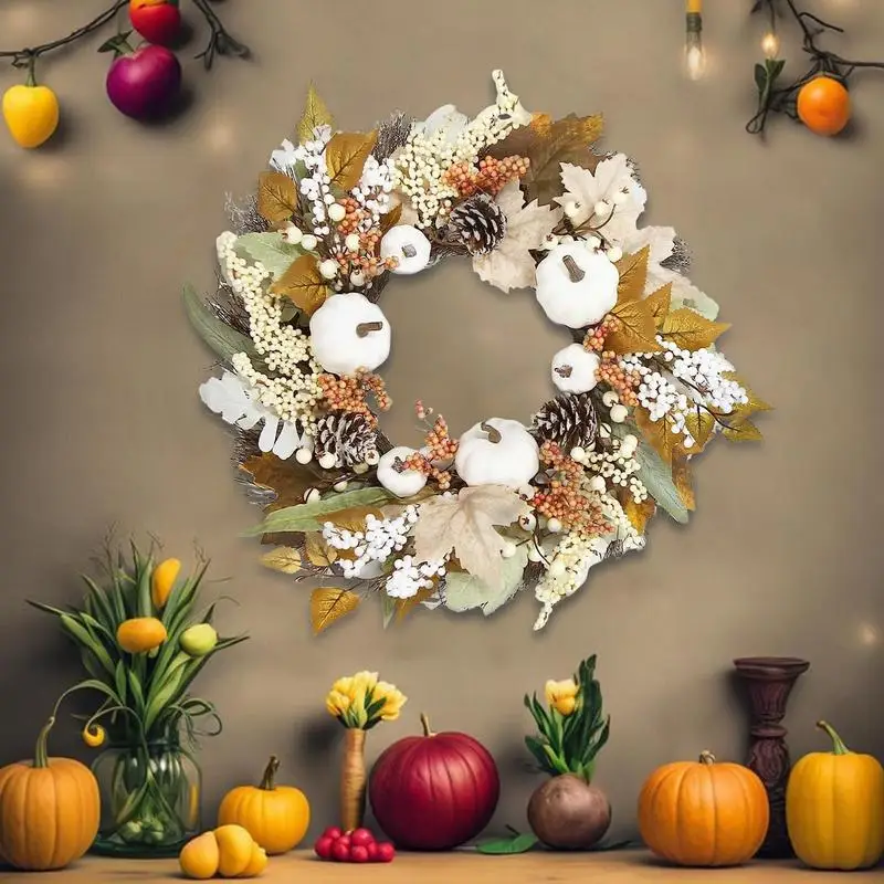 

Thanksgiving Wreath Front Door Decoration Ornaments 17.7inch White Pumpkin Flower Wreaths Fall Floral Harvest Theme Decor