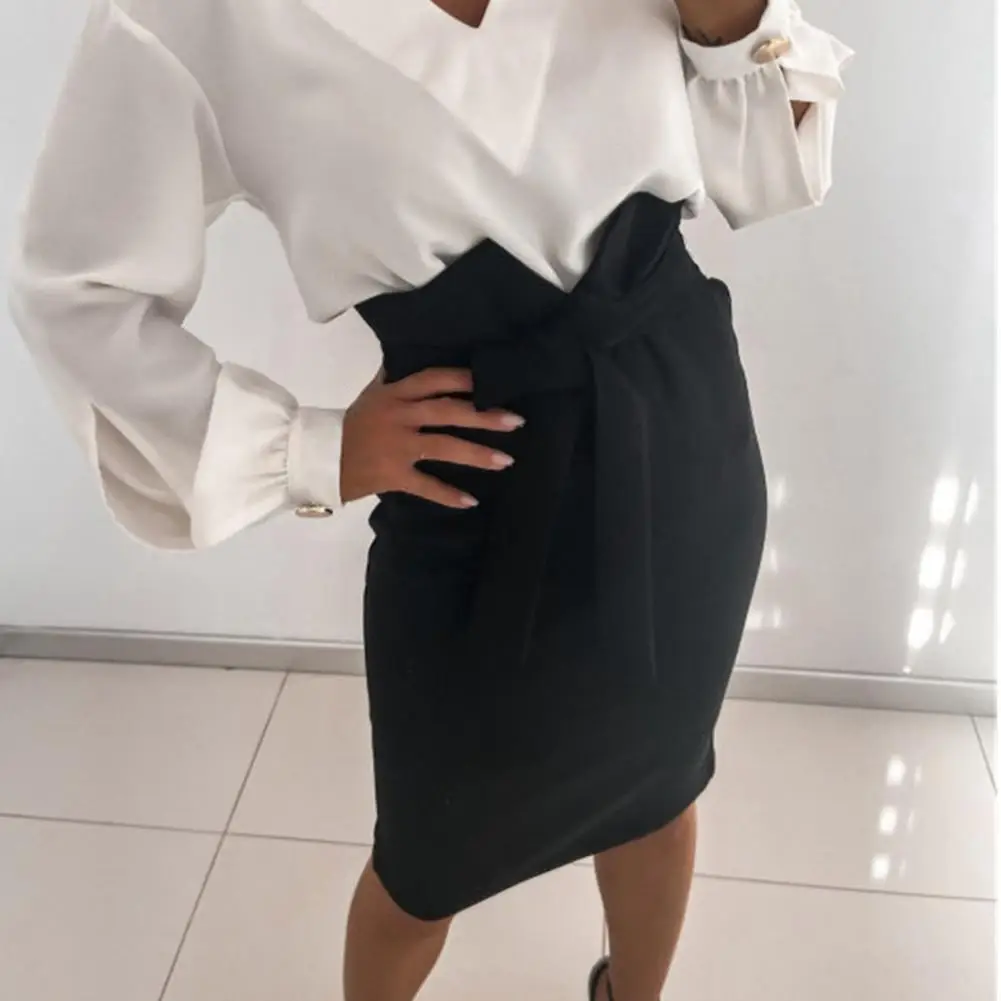 

Solid Color Office Lady Short Skirts Elegant Bag Hip Slim Bodycon Skirt Women High Waist Tie-Up Bow Skirts faldas юбка женская