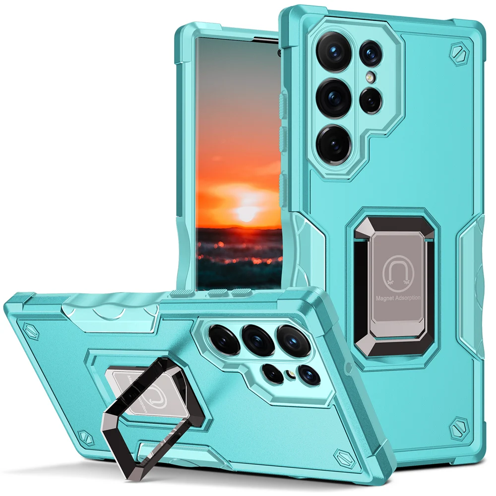 KEYSION Shockproof Armor Case for Samsung S22 Ultra 5G S22+ Silicone+PC Ring Stand Phone Back Cover for Galaxy S21+ Plus_voghion.com