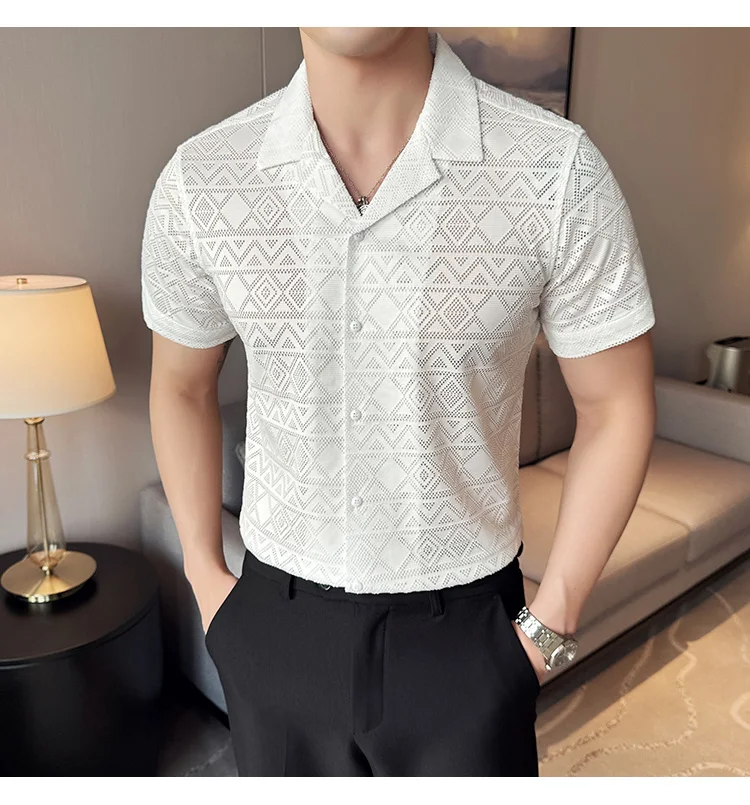 Spring/Summer Short Sleeved Shirt for Men Tailored Collar Lace Shirt Fashion Nightclub Social Party Tuxedo Blouse Streetwear