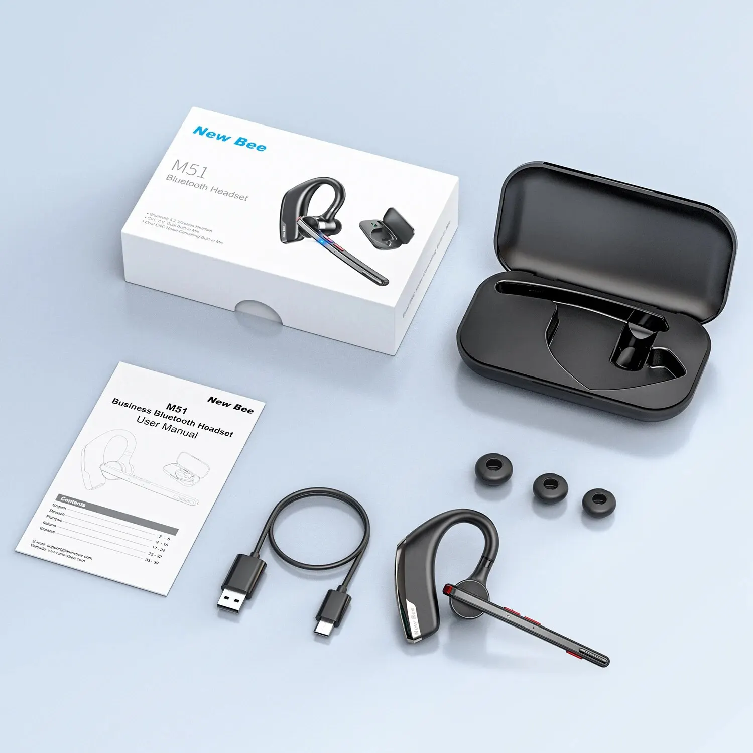 New Bee M51 Bluetooth 5.2 Wireless Headset Earphones Headphone with Dual-Mic CVC8.0 Noise Cancelling Handsfree Business Earbuds 6