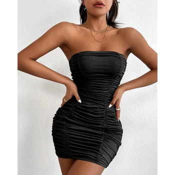 Sexy Women Pleated Mini Dress Solid Party Elegant Sleeveless Slim Bodycon Club Dresses Strapless Streetwear 1