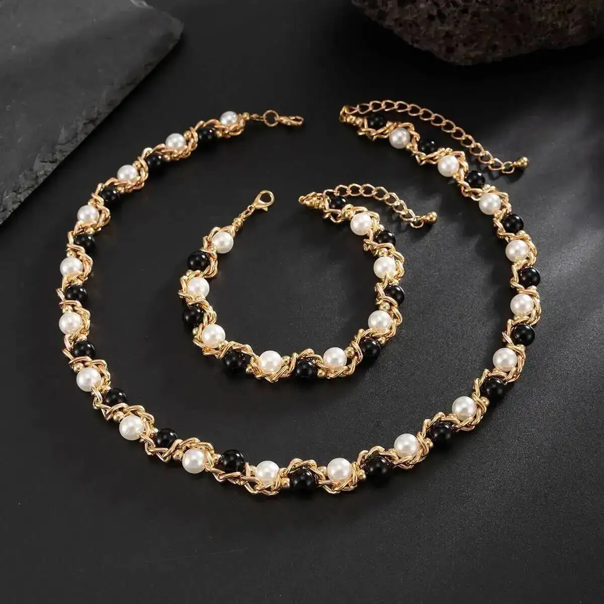 Lacteo 2025 Trendy Creative Imitation Pearl Beaded Chain Necklace Bracelet for Men Vintage Clavicle Chain Charm Jewelry Gift Set