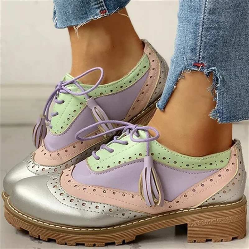 35~43 Big Size Vintage British Style Oxfords Round Toe Gold Green Pink Lady Lace Up Brogues Loafers Casual Shoes For Women