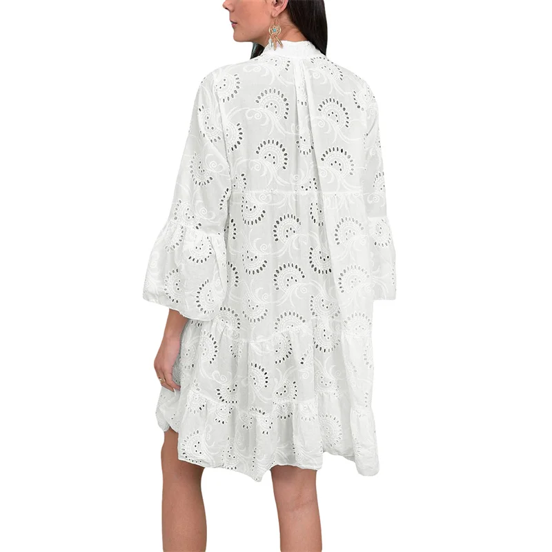 Beach Dress Women Embroidery Lace Eyelet Hollow Out 3/4 Sleeve Single Breasted Mini Dress y2k Vacation Dresses