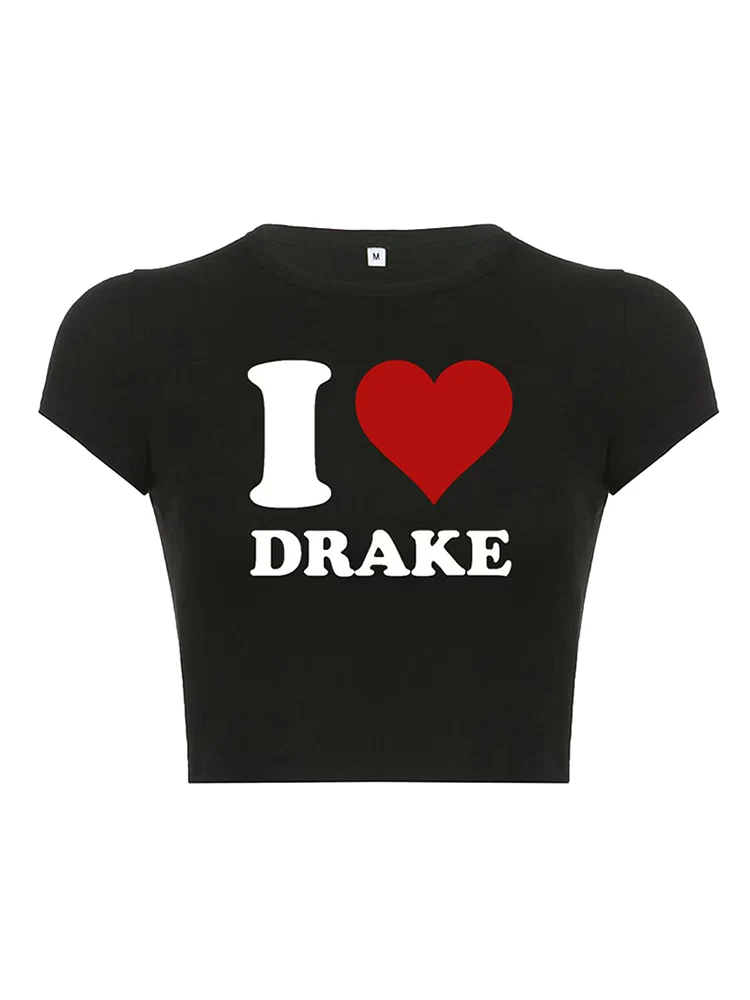 

I Love Drake Red Love Heart Women Cropped Top Harajuku Causal Baby Tee Y2k Fashion Clothes Summer Short Sleeved T Shit O Necks