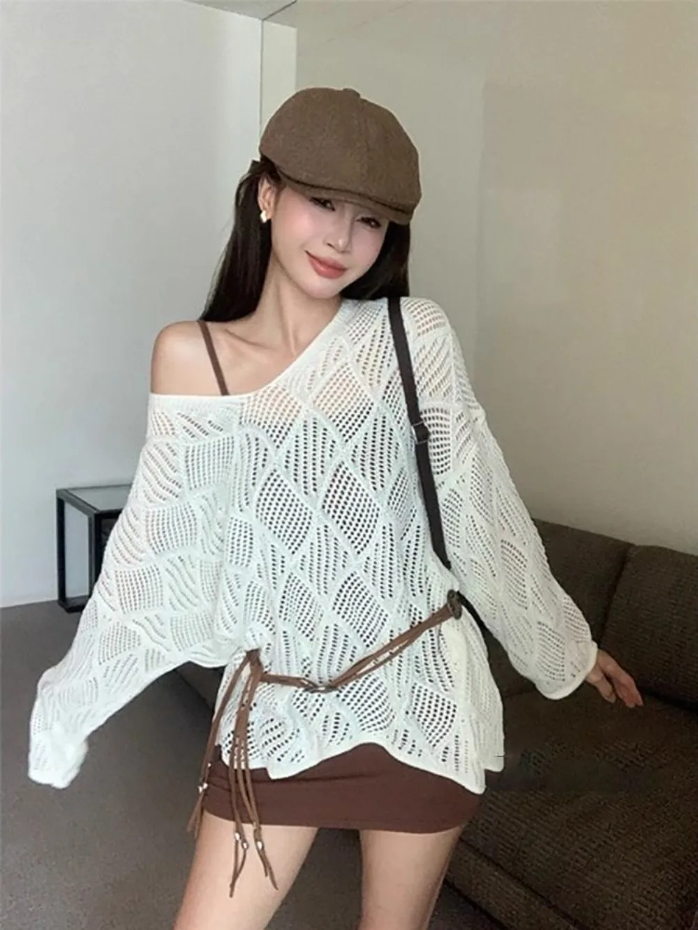 

Skeleton knit sweater female spring and summer new long-sleeved loose hoodie design sense niche spicy girl straplesstoplazystyle