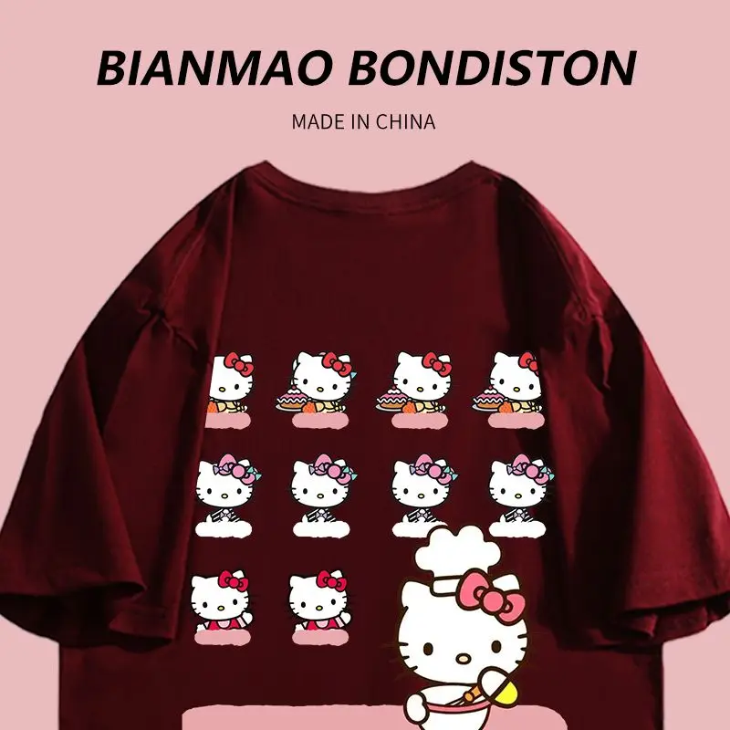 

Sanrio Hellokitty Summer New Short Sleeve T-Shirt Sweet Cool Hongkong Style Wine Red College Style Girlfriends Outfit Ins Tide