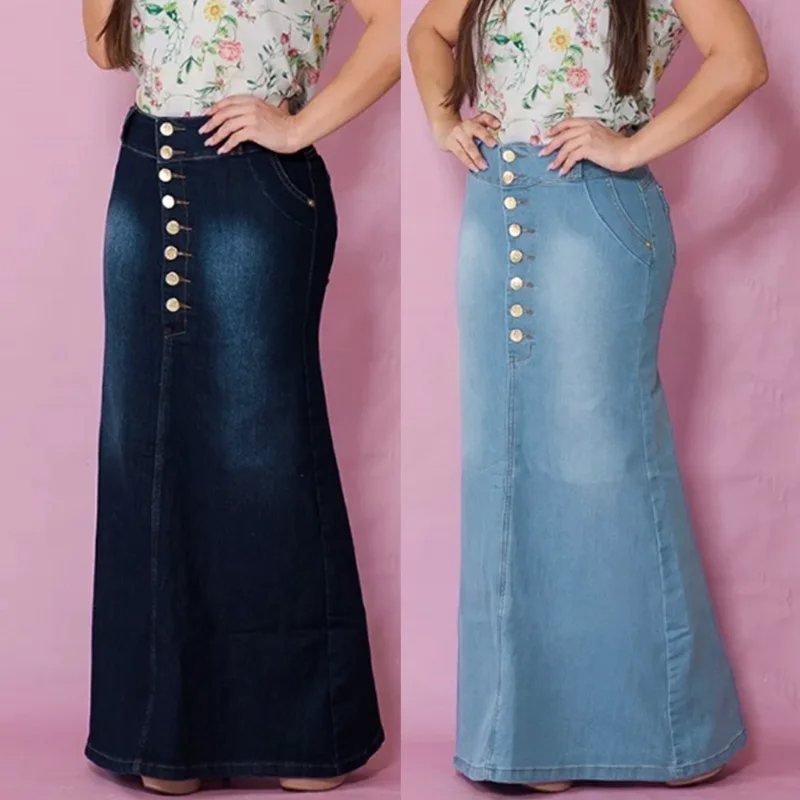 

Front Button Washed Denim A-line Skirts for Teen Girls High Waisted Long Jean Skirt for Women's Midi Length Fashion 2023 Casual