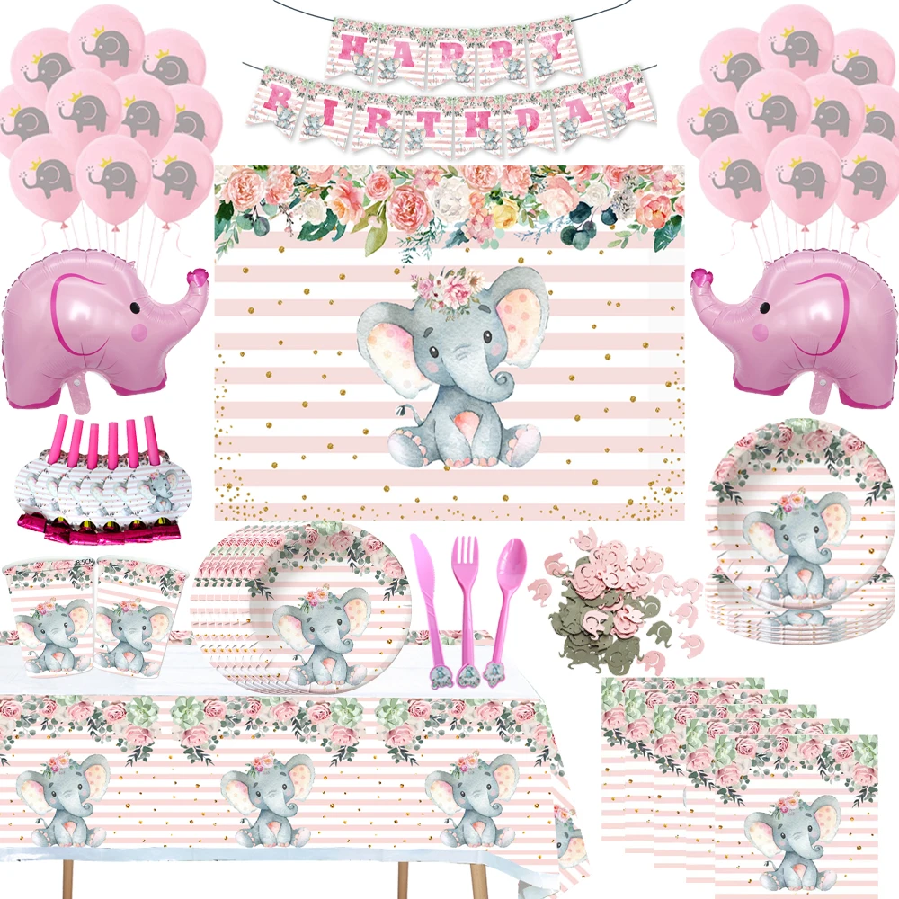 Pink Elephant Party Decorations Tablecloths Plate Cup Straw Napkin Balloons Baby Shower for Birthday Party Decorations Supplies