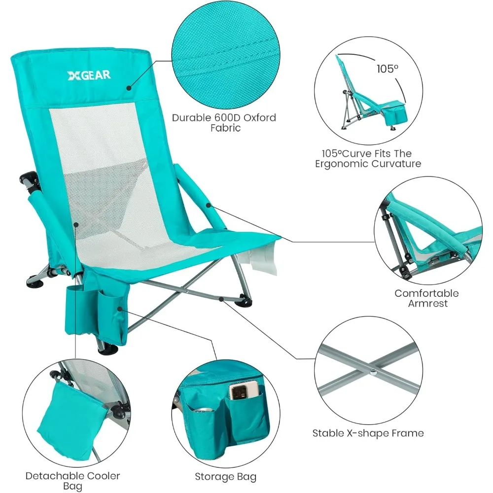 High Back Folding Beach Chair with Detachable Cooler Bag Back Mesh Back Sand,Travel,Support Up to 350 lbs 2pc Camping Chair 6