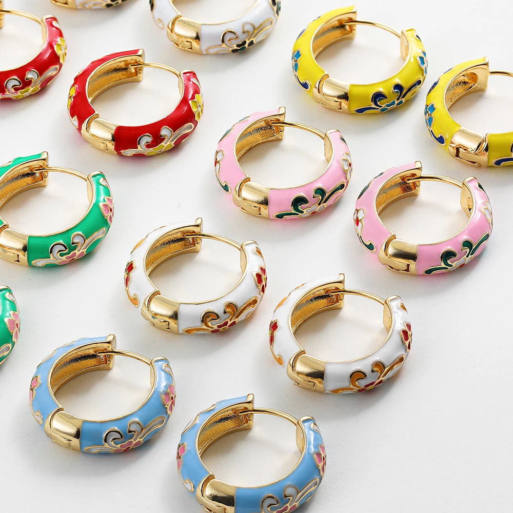 Vintage Bunte Emaille Blumen Huggies Ohrringe für Frauen Mädchen Vergoldet Runde Kreis Creolen Weiblichen Klassischen Schmuck