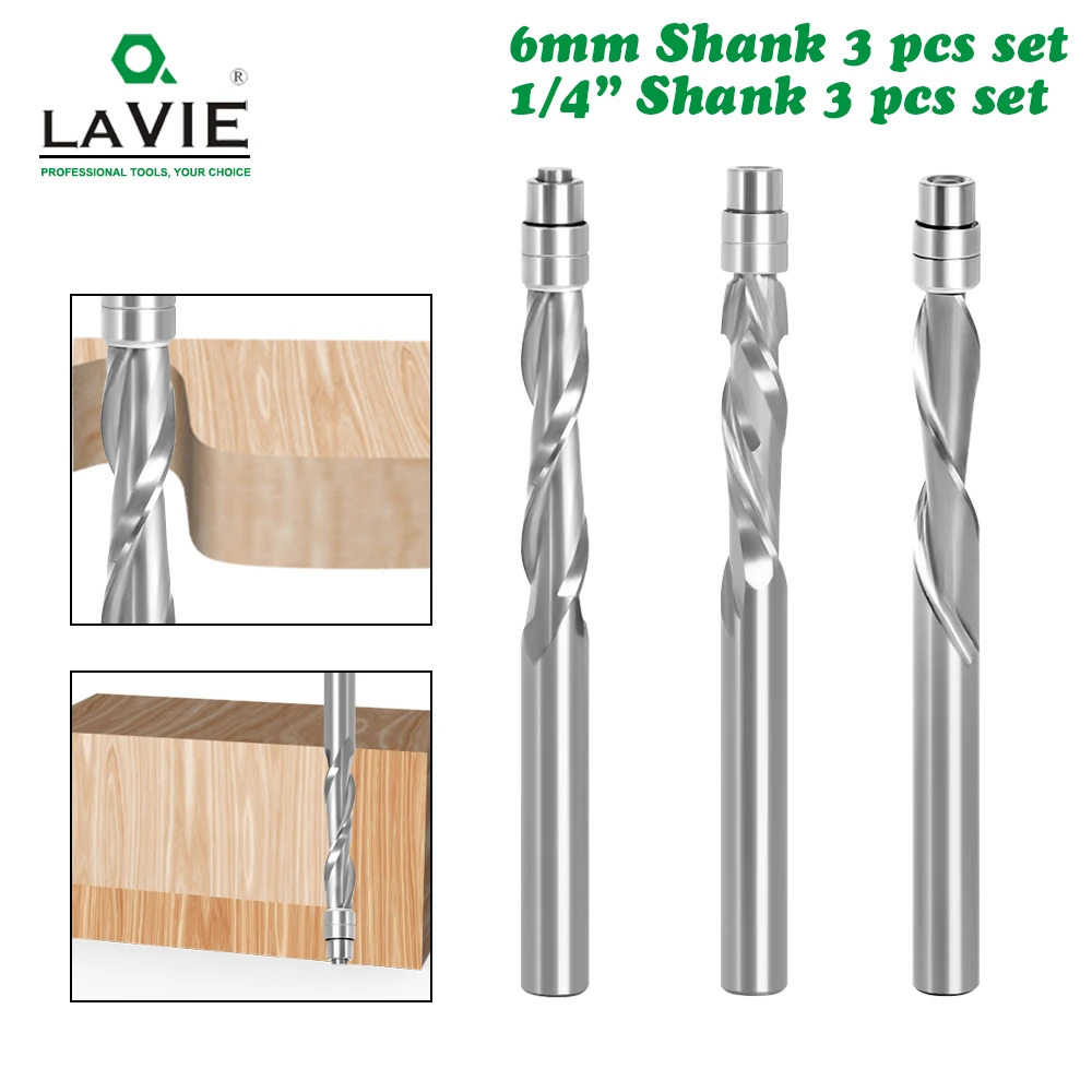 LAVIE 3Pcs 6mm 6.35mm Shank Solid Carbide Bearing Guided Two Flute Flush Trim Router Bits Woodworking Milling Cutters Z06AT3A 6mm shank v groove router bits 90 degree flat head carbide chamfer cnc engraving milling cutter woodworking carving knife