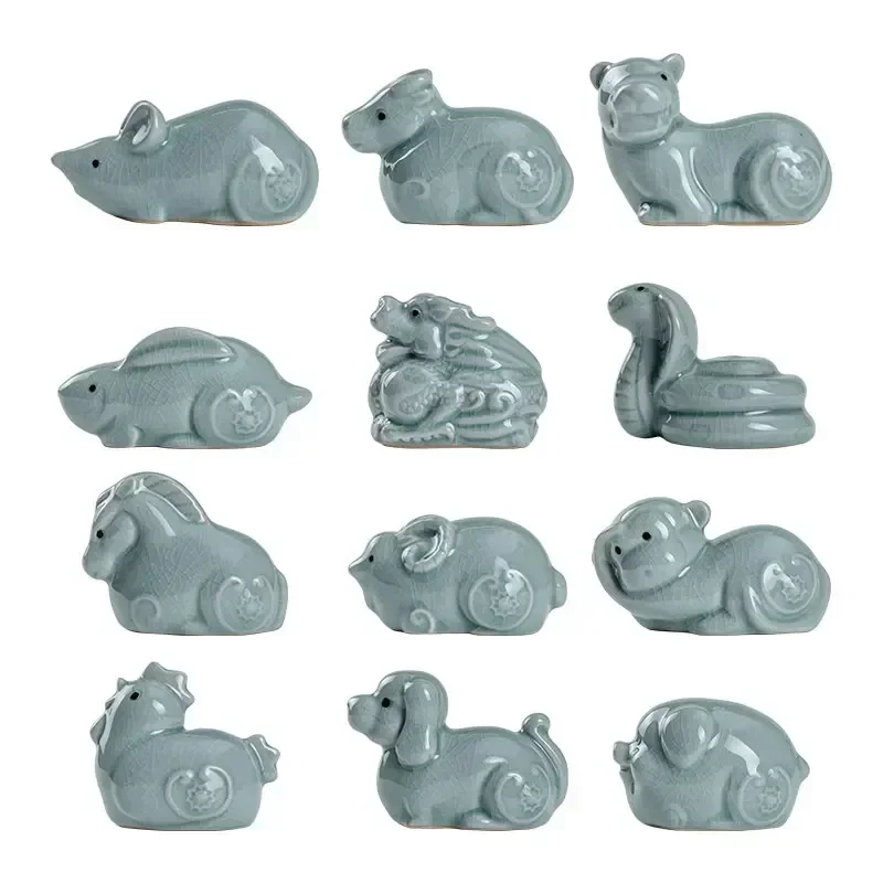 Tea Pet Ornaments Retro Ceramics Chinese Zodiac Animal Statue Cute Tea Figurine Desktop Crafts Set