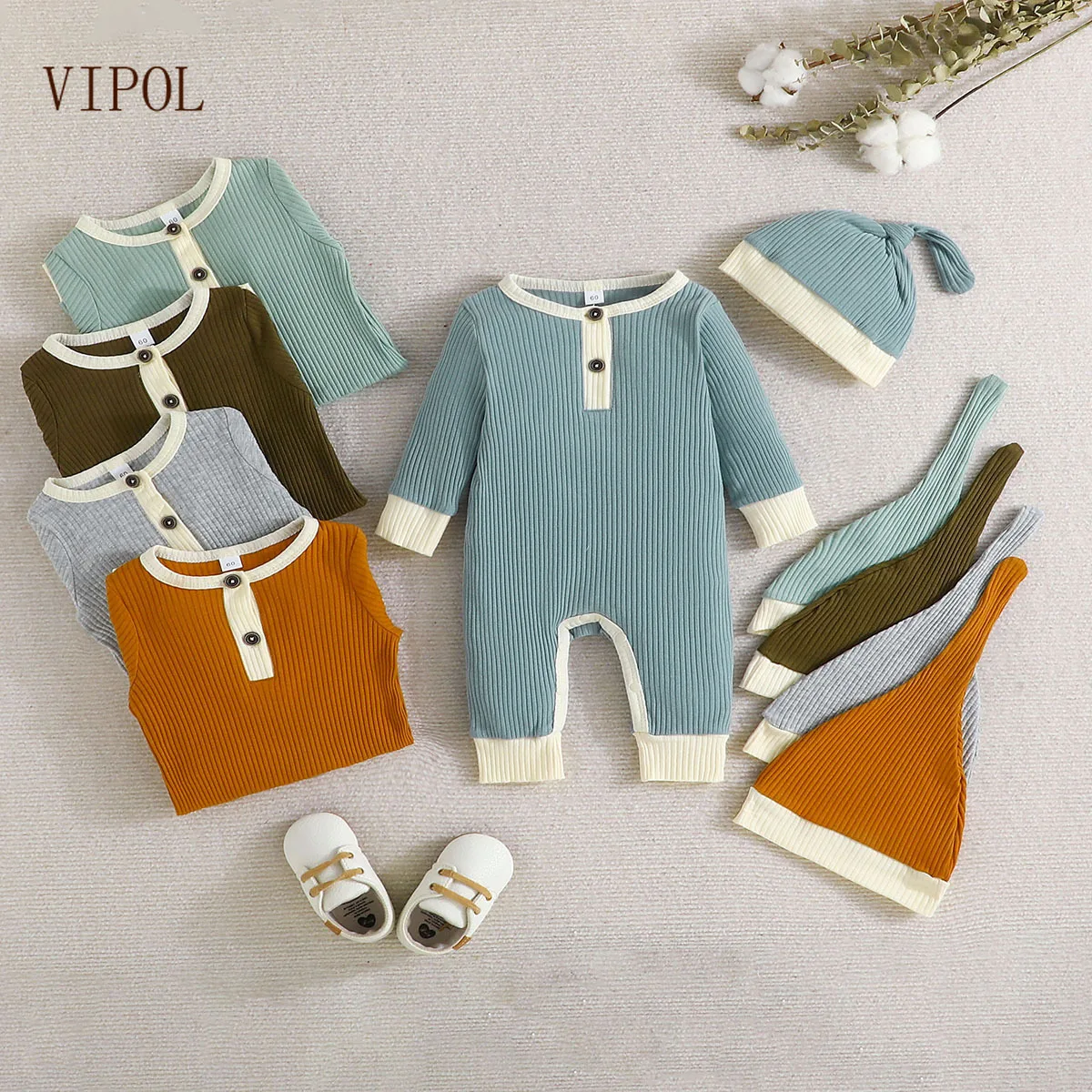 

VIPOL Baby Clothes Long Sleeve Romper with Hat Two Piece Spring Fall Newborns Girls Costume Solid Color Casual Infant Jumpsuits