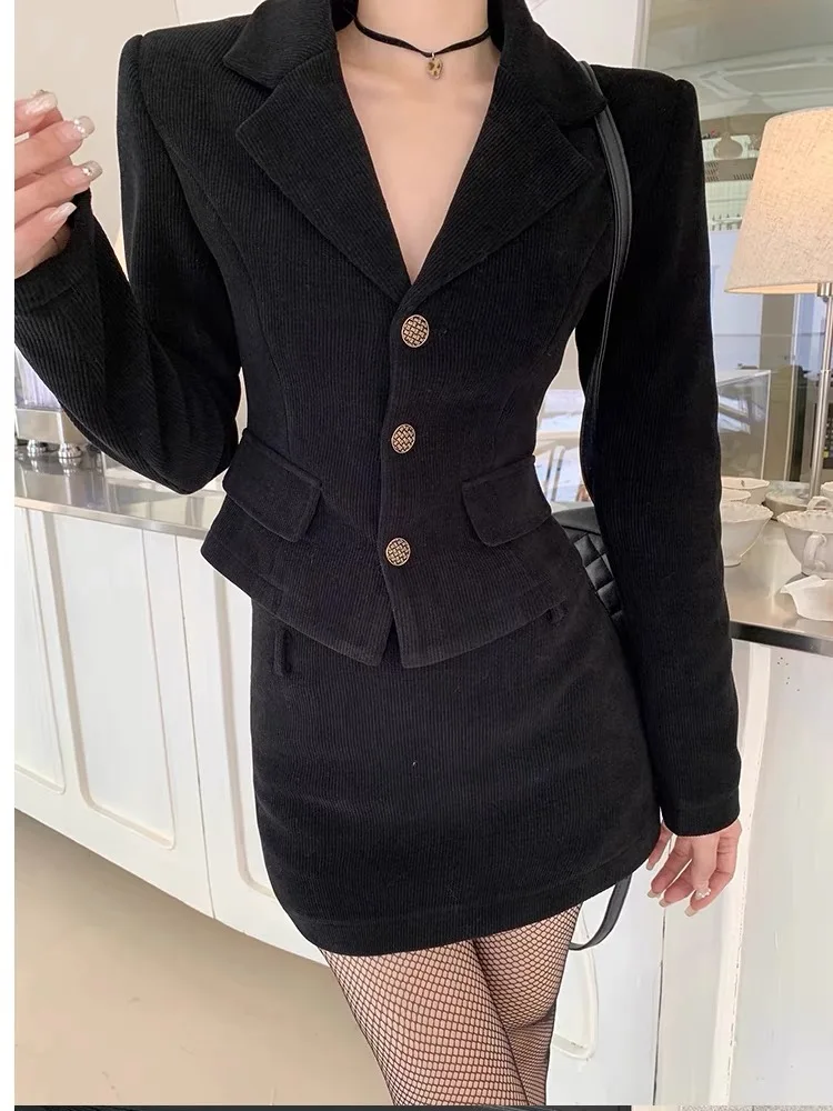 

UNXX Chic Set Black Short Suit Jacket Women Autumn Winter 2023 New Hip-Wrapped Half Skirt High-End Two-Piece Set high quality