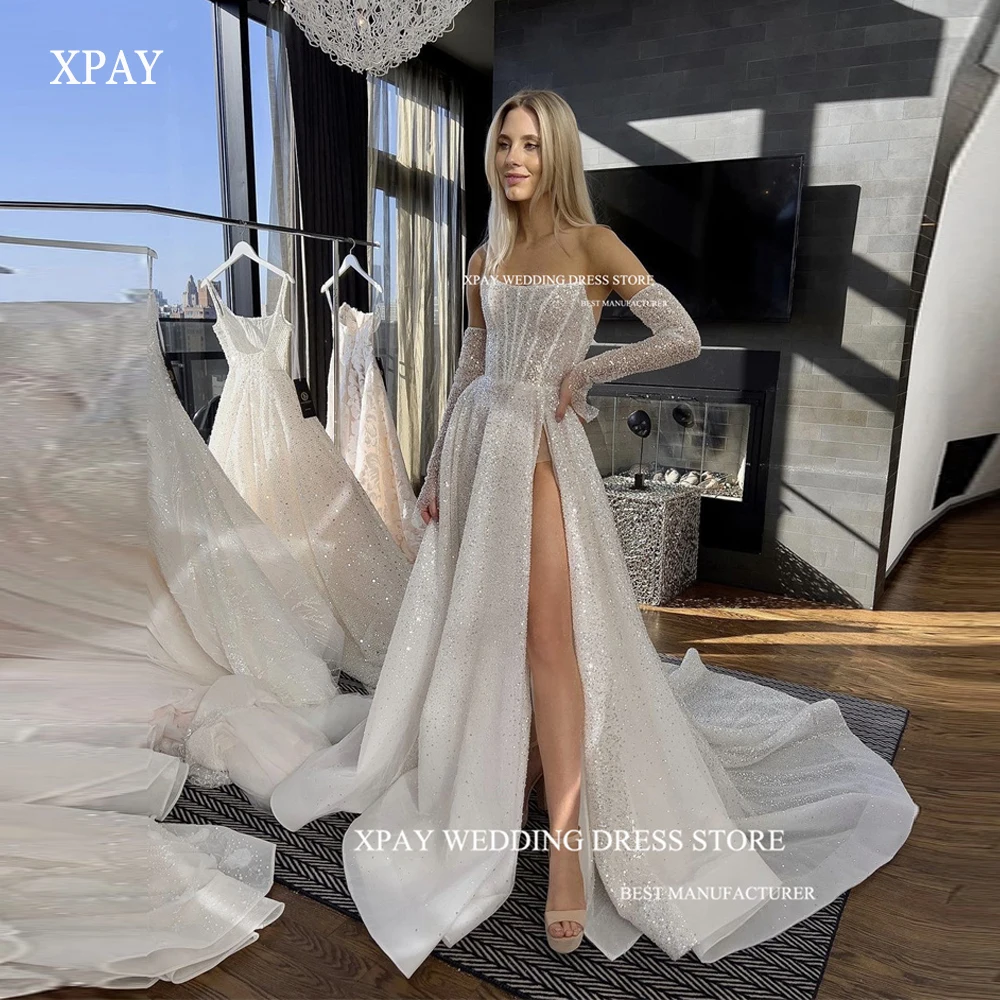 

XPAY Glitter A Line Wedding Dresses Strapless Split Boning Court Train Bridal Gowns Shiny Robe de mariee Vestidos Modern 2024