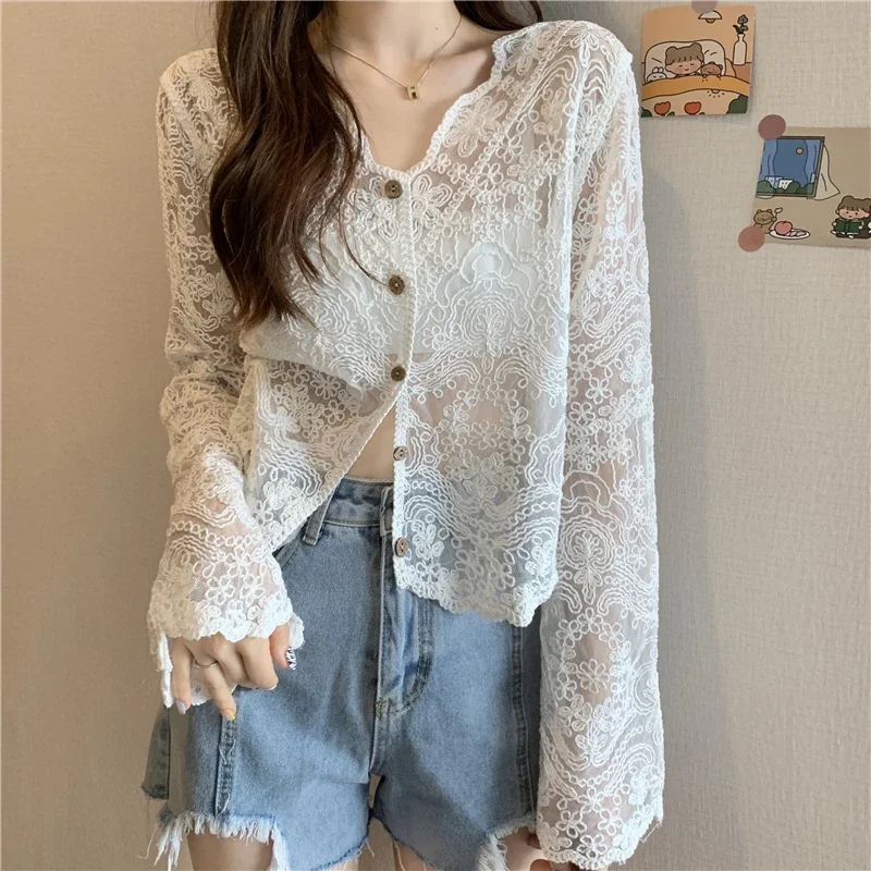 Vintage Summer Lace Blouses Women See Through Sheer Long Sleeve Sun Shirts Korean Style Casual Sun Protection Sexy Ladies Tops 2