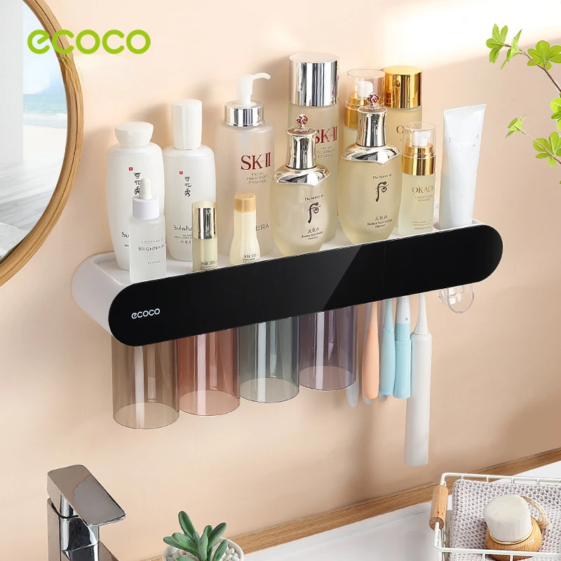 Toothbrush Holder Toothpaste Dispenser ECOCO Magnetic Adsorption Inverted Toothbrush Holder Automatic Toothpaste Squeezer Dispenser Storage Rack Bathroom Accessories