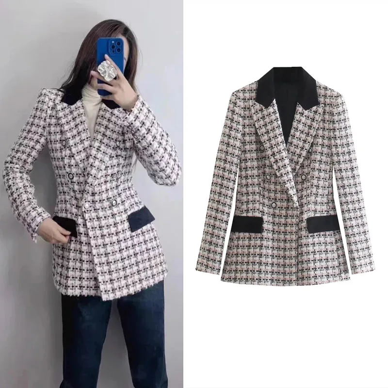 

TRAF Female Texture Double Breasted Blazer Elegant Long Sleeve Fitted Jackets Women Fashion Lapel Pockets Blazer Coats Winter