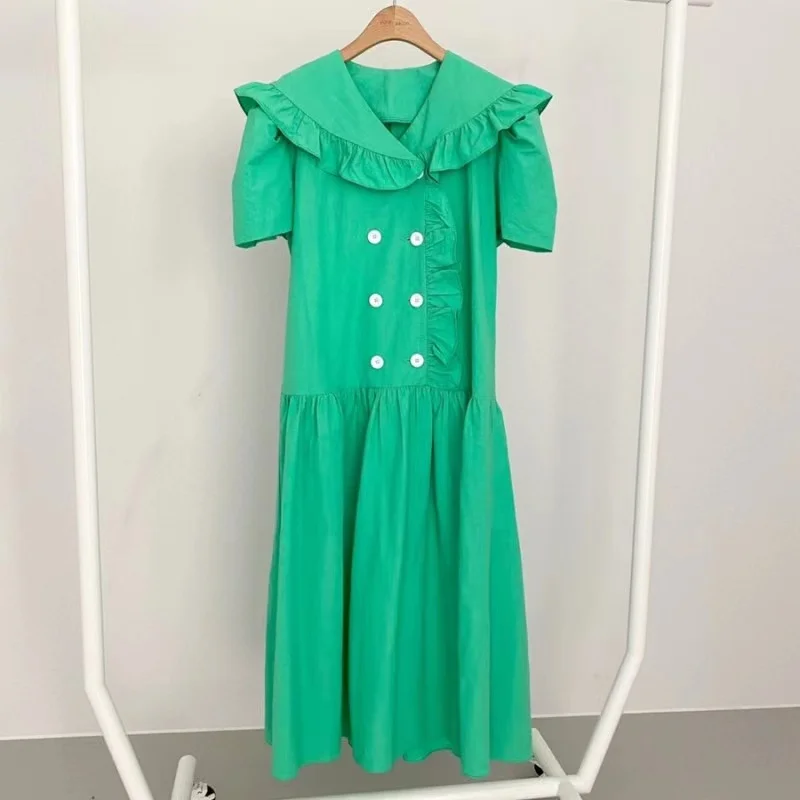 

WTIANYUW 2023 Korean Women Summer Elegant Vintage Runway Ruffles Turn Down Collar Double Breasted Loose Casual Maxi Dress