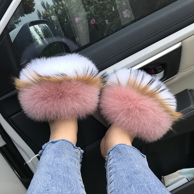 

Summer Real Fur Slippers Ladies Outdoor Indoor Furry Flip Flops Women Plush Fox Fur Slides Non-slip House Shoes Woman Slipper