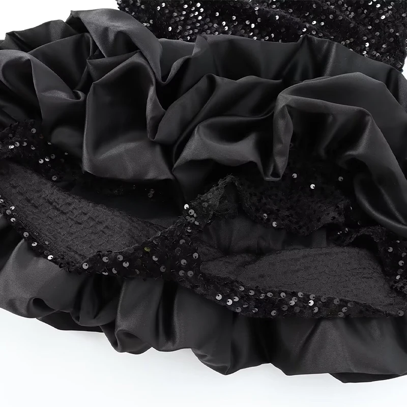 Vestido corto sexy con lentejuelas Y2K y volantes para mujer, elegante, sin espalda, cuello redondo, manga larga, negro, ajustado, para fiesta de otoño