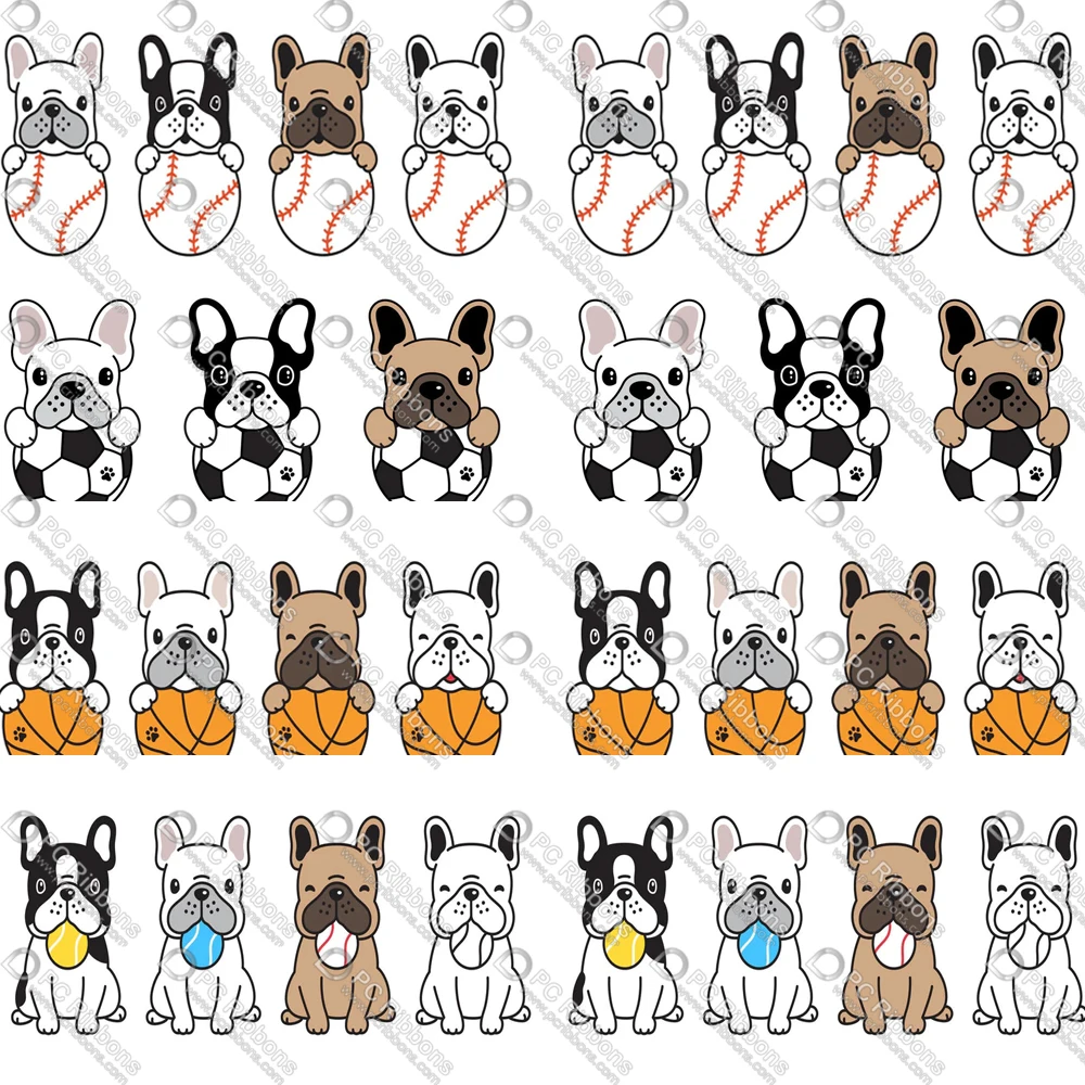 

Cartoon Bulldog and Ball Ribbon for Lanyard Diy Bow Key Fobs Gift Wrap Dog Collars and Leashes Printed on Grosgrain or Satin