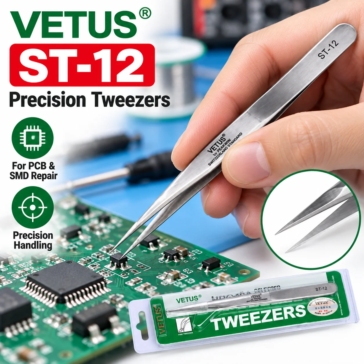 1 Stück Vetus Edelstahl-Pinzette Elektronik HRC-40 Präzisions-DIY-Pinzette Handwerkzeuge ST-12