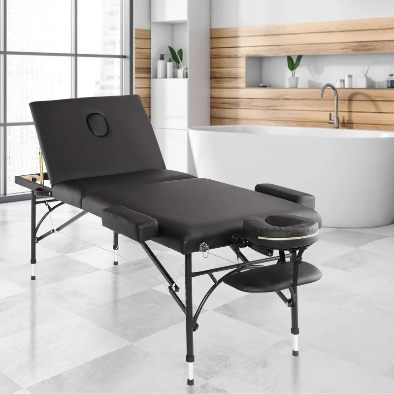 

Professional Portable Lightweight Tri-Fold Massage Table with Aluminum Legs - Includes Headrest, Face Cradle, Armrests