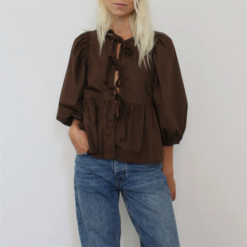 Camisas Y2K para mujer, ropa estética, elegante, color sólido/rayas, manga 3/4, cárdigan con lazo, blusa de los años 2000, ropa de calle