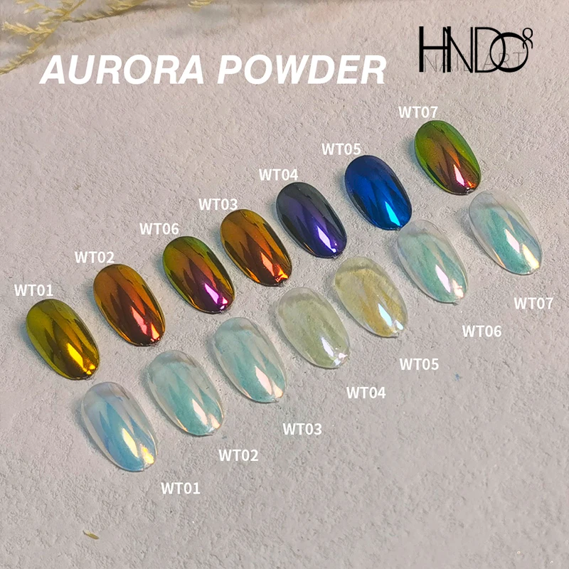 HNDO New 7 Colors Aurora Magic Mirror Powder Nail Glitter Chrome Pigment Dust Effect for Nail Art Decor Manicure Design 2022