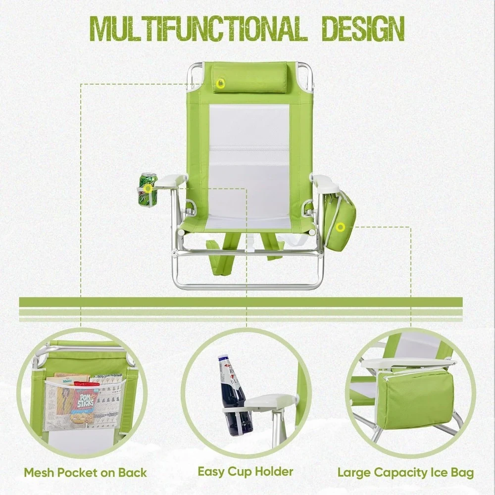 Reclining Beach Chair Backpack 5-Position Lay Flat Lounge Chair for Adults Heavy Duty Portable Folding Lightweight with Cooler 5