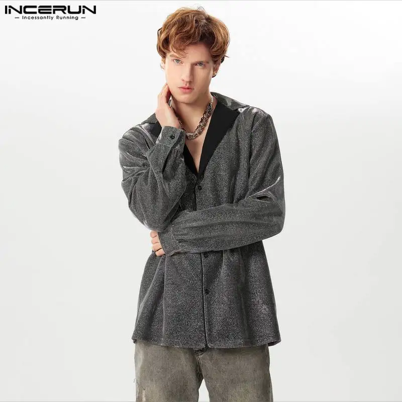 

Рубашка INCERUN мужская с отложным воротником, Повседневная Уличная одежда с длинным рукавом, на пуговицах, свободная модная блуза для отдыха, 2024