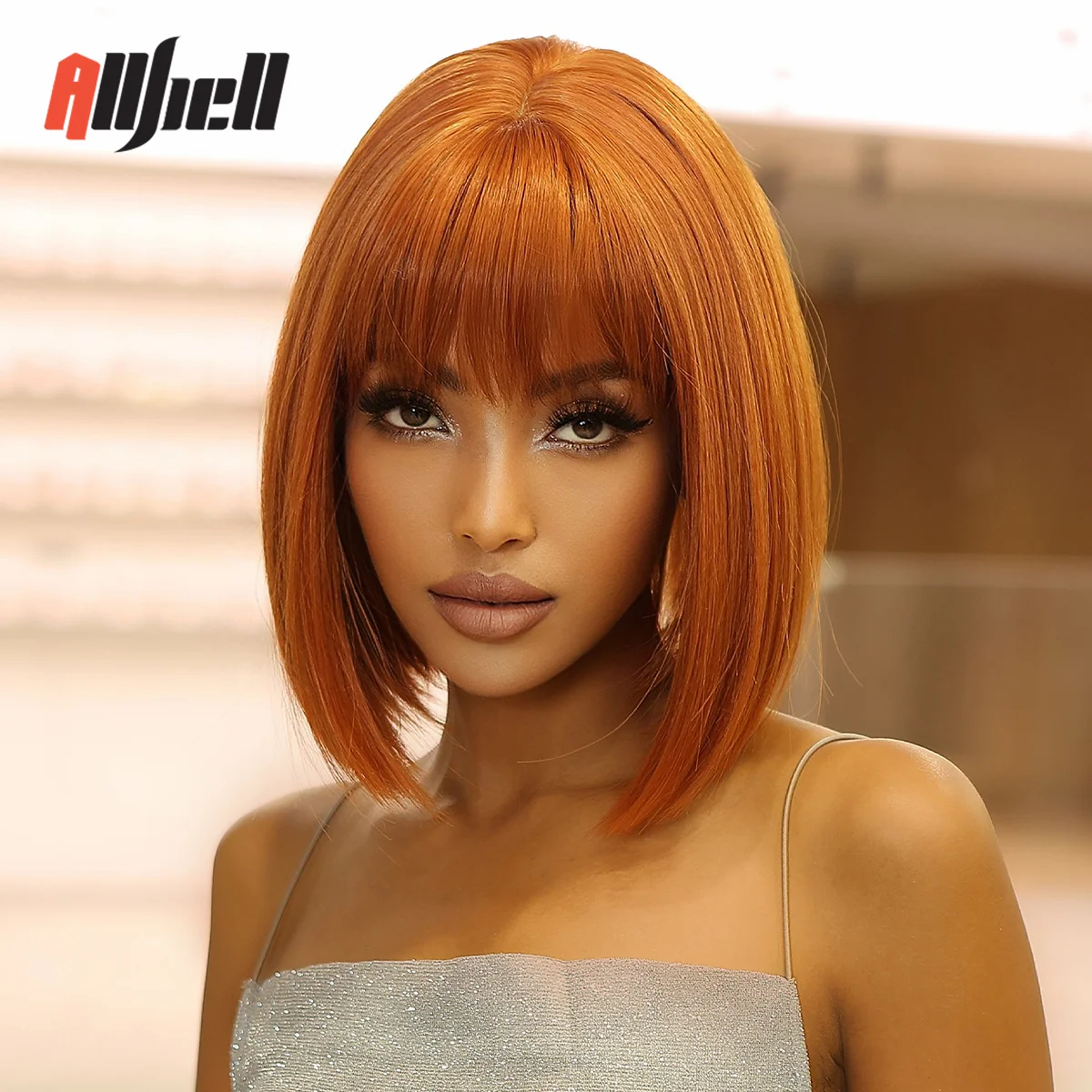 Pelucas flequillo para mujeres negras, pelo artificial de fibra Natural resistente al calor, color naranja y rojo, para uso diario _ - AliExpress Mobile