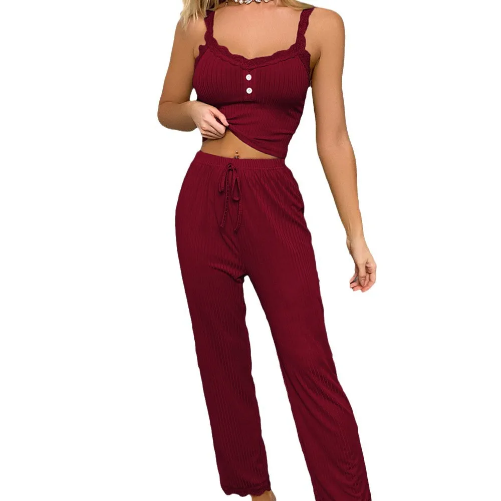 Womens Ribbed Knit Pajama Set Lace Trim Cami Crop Top Drawstring Wide Leg Pants Soft Loungewear Sleepwear Purple Y2K Style Cozy