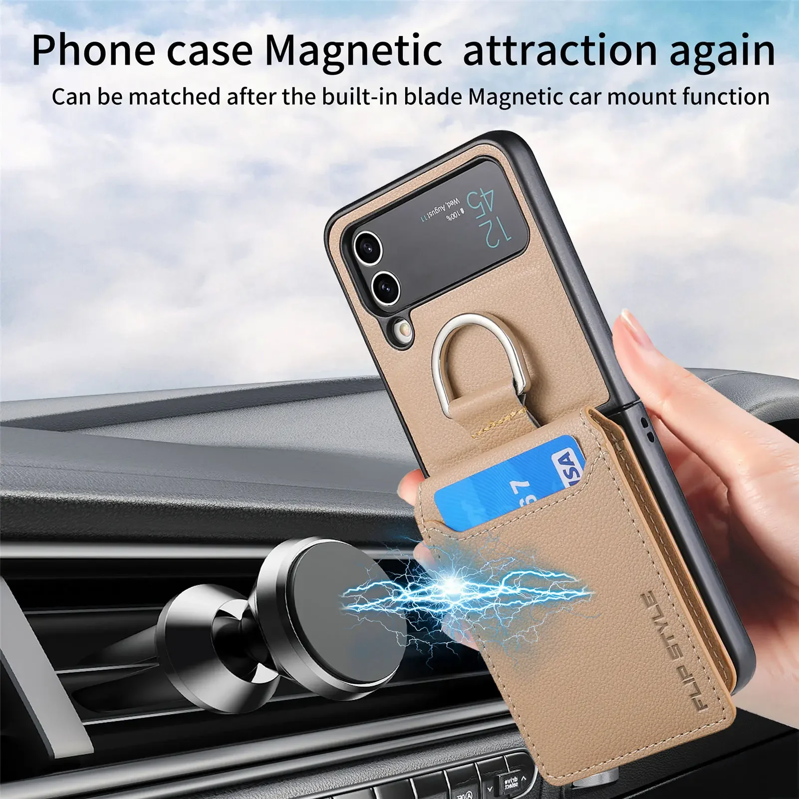Vertical Magnetic Wallet Ring Holder Leather Case with Stand Feature