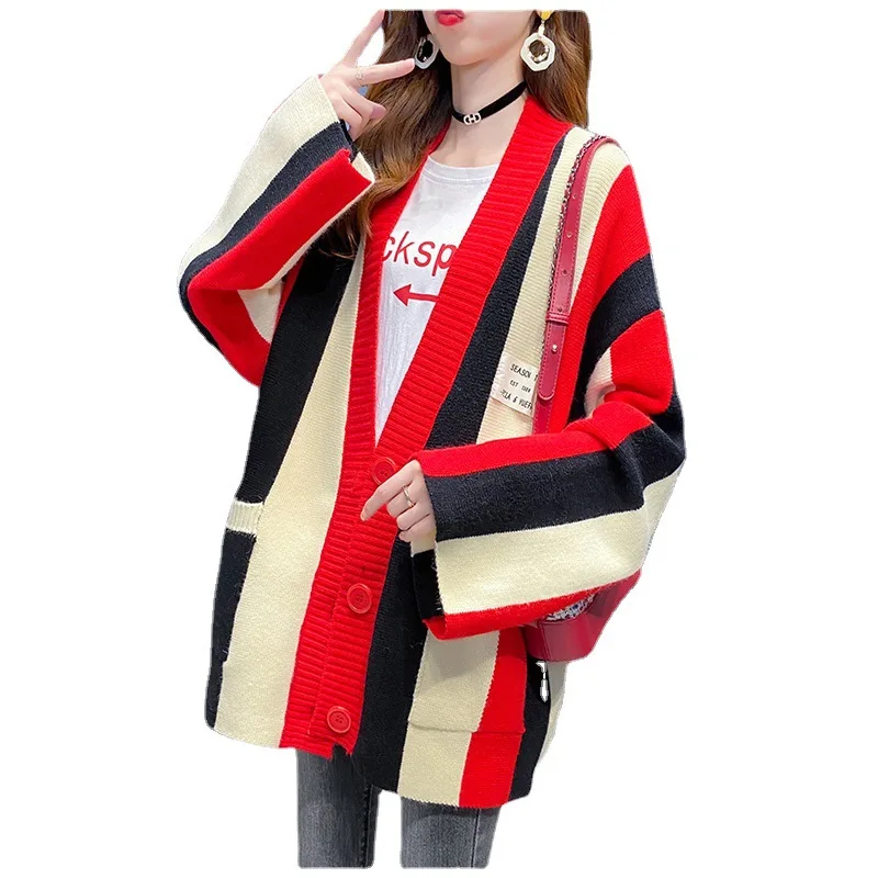 

YtrKiasy Cardigan Women Autumn Loose Sweater Coat Stripe Color Matching Knitted Cardigan Long Sleeve Tops Women's Clothing