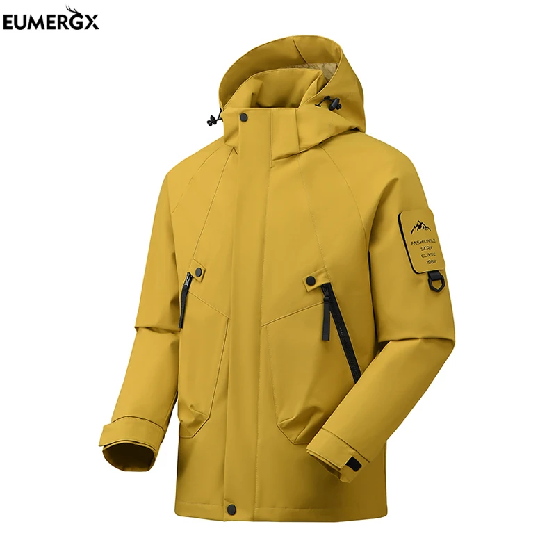 EUMERGX unisex waterproof hiking jacket with detachable hood lightweight windproof coat breathable raincoat for camping climbing