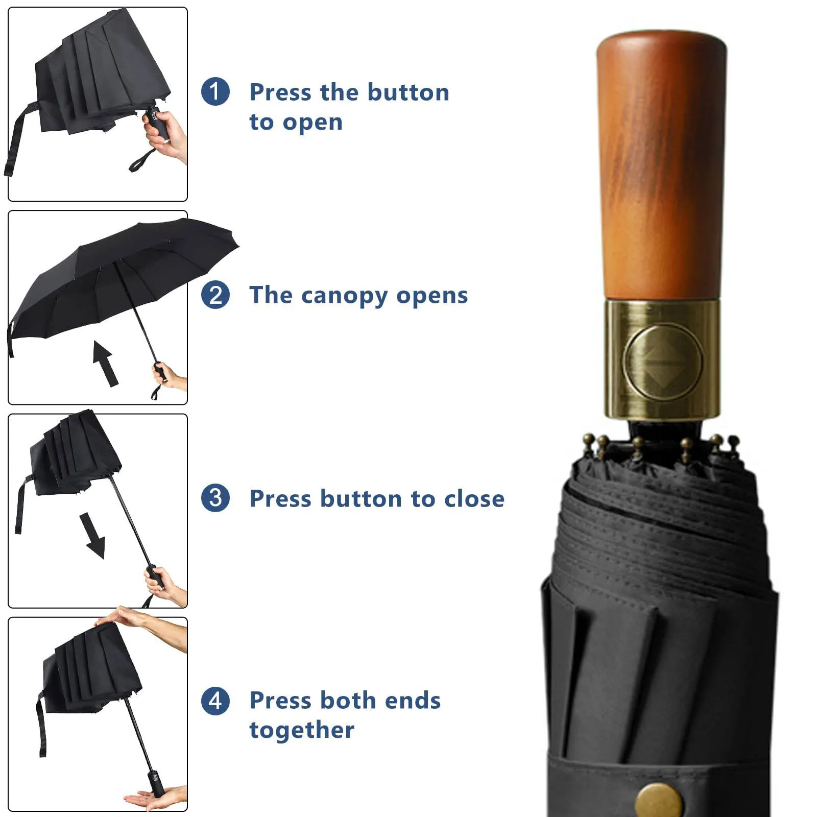 UV umbrella for men women 12 ribs wooden handle automatic windproof fold strong vinyle business luxury travel accessories