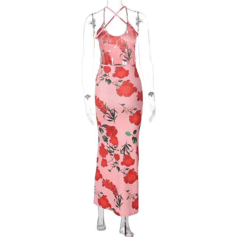 Vestido de moda con espalda descubierta y estampado para mujer, estilo vendaje, ajustado, elegante, de fiesta, con cordones, sexy, largo, para verano 2025