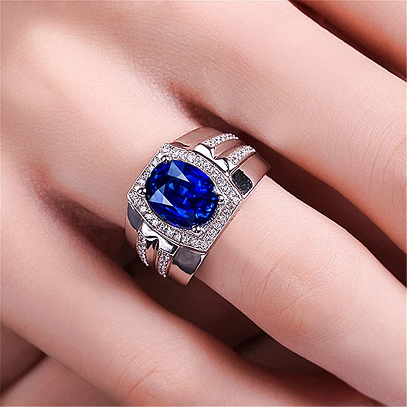 Klassischer dunkelblauer Kristall-eiförmiger Steinring für Herrenschmuck, trendiger Ring aus 925er Silber, männliche Braut- und Hochzeitsaccessoires – Detail 9
