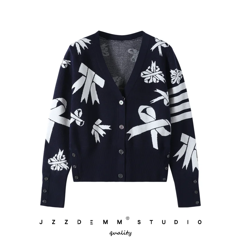 

TB college wind knitted sweater cardigan women's spring and autumn new style bow jacquard waist slim top tide